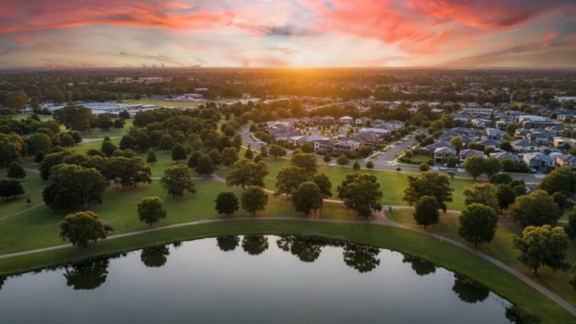 An epic, panoramic drone shot over Sydenham, Victoria, capturing a dramatic sunset illuminating lush parklands and residential areas, showcasing the breathtaking beauty of Sydenham Victoria drone photography for stunning landscapes, with golden light reflecting off a serene body of water in the foreground.