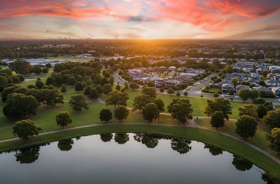 An epic, panoramic drone shot over Sydenham, Victoria, capturing a dramatic sunset illuminating lush parklands and residential areas, showcasing the breathtaking beauty of Sydenham Victoria drone photography for stunning landscapes, with golden light reflecting off a serene body of water in the foreground.