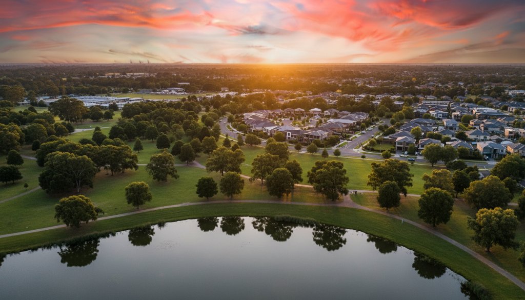 An epic, panoramic drone shot over Sydenham, Victoria, capturing a dramatic sunset illuminating lush parklands and residential areas, showcasing the breathtaking beauty of Sydenham Victoria drone photography for stunning landscapes, with golden light reflecting off a serene body of water in the foreground.