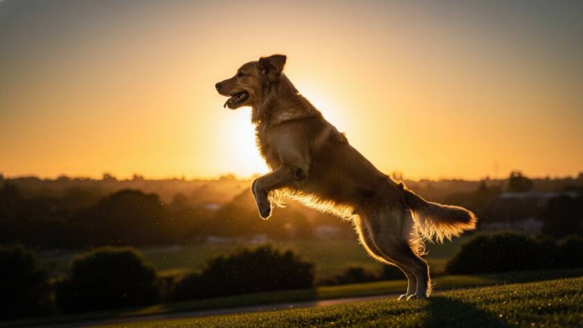 An epic moment of Sydenham Victoria pet photography capturing joyful moments, showing a golden retriever mid-leap, silhouetted against a golden sunset over a Sydenham park, its fur illuminated, conveying pure joy and energy.