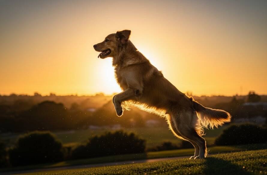 An epic moment of Sydenham Victoria pet photography capturing joyful moments, showing a golden retriever mid-leap, silhouetted against a golden sunset over a Sydenham park, its fur illuminated, conveying pure joy and energy.