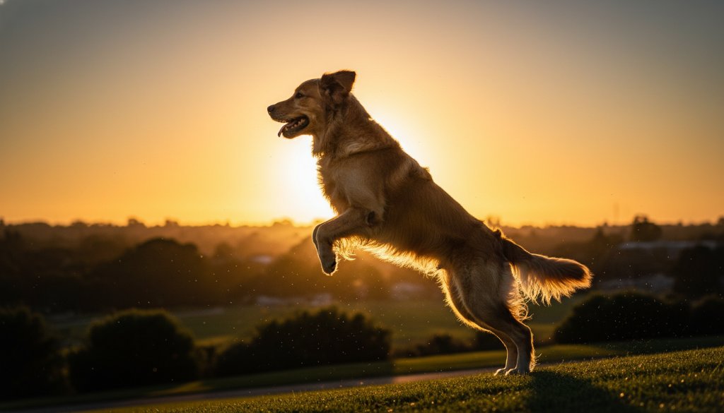 An epic moment of Sydenham Victoria pet photography capturing joyful moments, showing a golden retriever mid-leap, silhouetted against a golden sunset over a Sydenham park, its fur illuminated, conveying pure joy and energy.