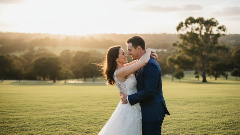 A professional, cinematic photograph capturing a couple sharing a tender, joyful moment during their Sydenham Victoria timeless pre-wedding photography session, with dramatic golden hour light filtering through park trees in Sydenham, showcasing their radiant connection.