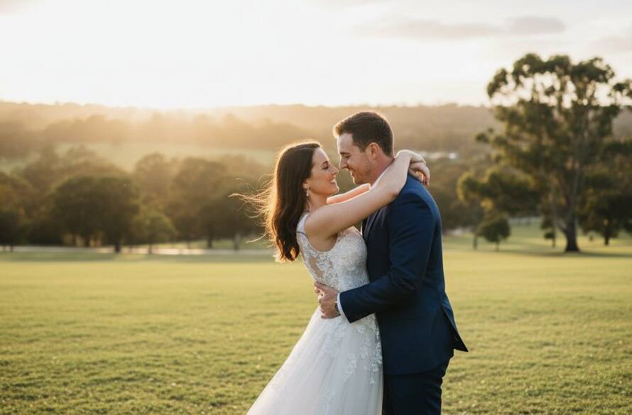 A professional, cinematic photograph capturing a couple sharing a tender, joyful moment during their Sydenham Victoria timeless pre-wedding photography session, with dramatic golden hour light filtering through park trees in Sydenham, showcasing their radiant connection.