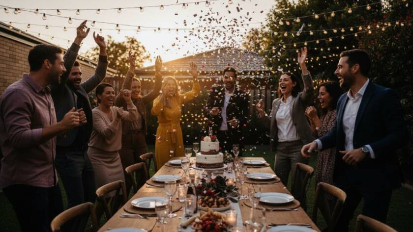An energetic wide shot capturing a diverse group of friends laughing and dancing under twinkling fairy lights at an outdoor evening celebration in Sydenham, Victoria, showcasing vibrant party photography with confetti in the air and dramatic backlighting.
