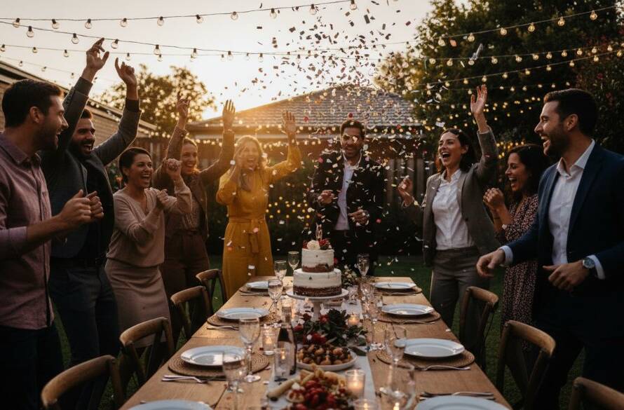 An energetic wide shot capturing a diverse group of friends laughing and dancing under twinkling fairy lights at an outdoor evening celebration in Sydenham, Victoria, showcasing vibrant party photography with confetti in the air and dramatic backlighting.