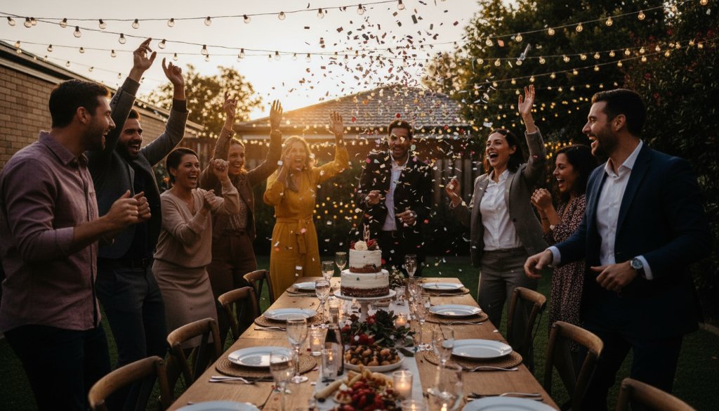 An energetic wide shot capturing a diverse group of friends laughing and dancing under twinkling fairy lights at an outdoor evening celebration in Sydenham, Victoria, showcasing vibrant party photography with confetti in the air and dramatic backlighting.