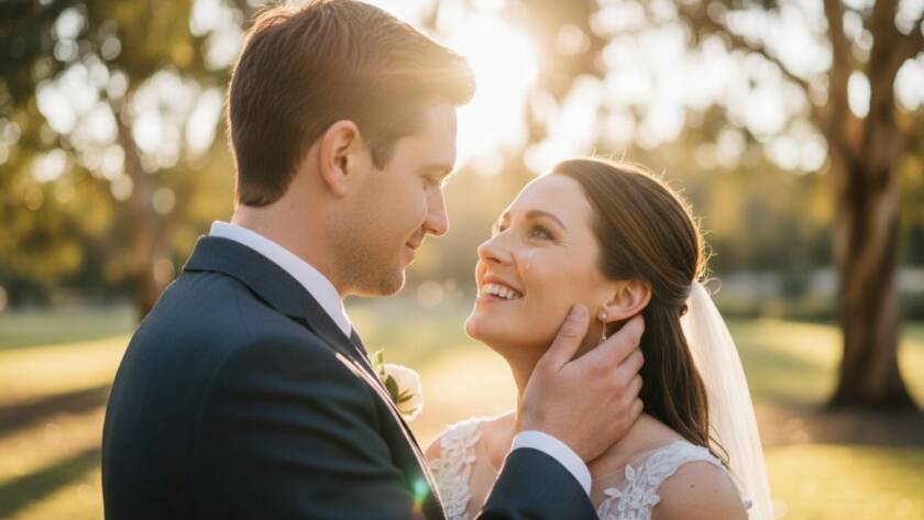 A candid, emotionally charged photograph of a newlywed couple sharing a joyful embrace amidst the beautiful, sun-drenched natural surroundings of a Sydenham, Victoria park, capturing their Sydenham Victoria wedding photography candid moments with warmth and intimacy.