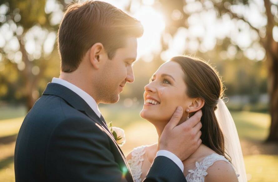 A candid, emotionally charged photograph of a newlywed couple sharing a joyful embrace amidst the beautiful, sun-drenched natural surroundings of a Sydenham, Victoria park, capturing their Sydenham Victoria wedding photography candid moments with warmth and intimacy.