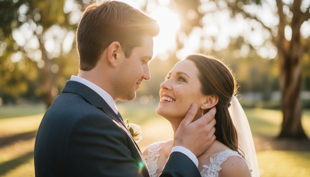 A candid, emotionally charged photograph of a newlywed couple sharing a joyful embrace amidst the beautiful, sun-drenched natural surroundings of a Sydenham, Victoria park, capturing their Sydenham Victoria wedding photography candid moments with warmth and intimacy.