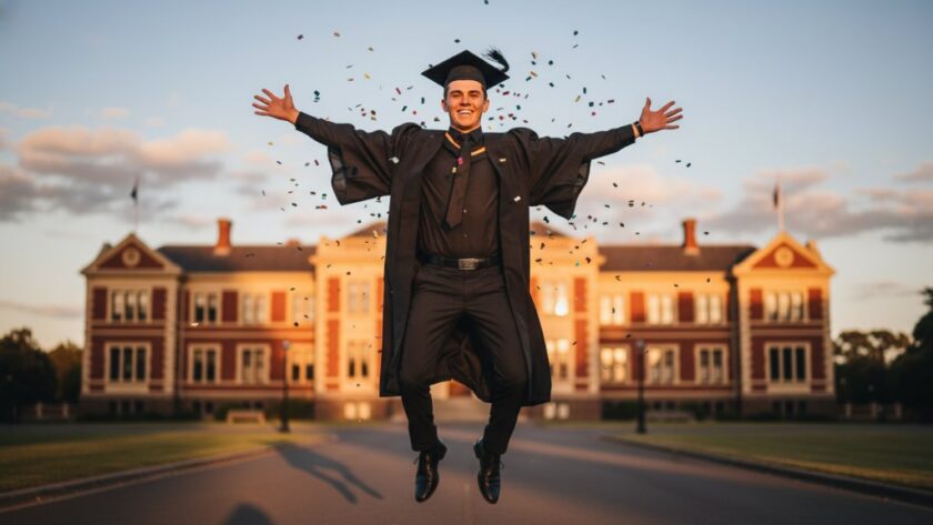 A jubilant graduate in a cap and gown leaps into the air against the iconic backdrop of a historic Alfredton, Victoria landmark, sunlight dramatic, celebrating their Tailored Alfredton Graduation Photography Ballarat success with an epic moment.
