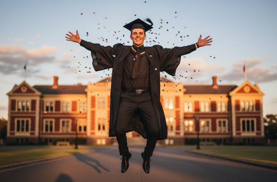 A jubilant graduate in a cap and gown leaps into the air against the iconic backdrop of a historic Alfredton, Victoria landmark, sunlight dramatic, celebrating their Tailored Alfredton Graduation Photography Ballarat success with an epic moment.