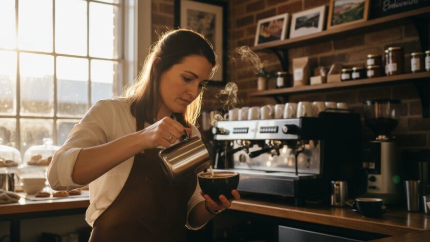 An inspiring shot of a small business owner in Wallan Victoria proudly showcasing their artisanal products, lit by golden hour sunlight, embodying tailored branding photography Wallan Victoria businesses. The owner's face is radiant with passion, surrounded by carefully arranged, high-quality handmade goods in a rustic Wallan setting.