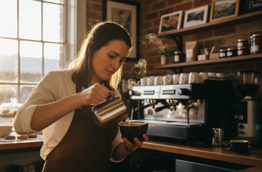 An inspiring shot of a small business owner in Wallan Victoria proudly showcasing their artisanal products, lit by golden hour sunlight, embodying tailored branding photography Wallan Victoria businesses. The owner's face is radiant with passion, surrounded by carefully arranged, high-quality handmade goods in a rustic Wallan setting.