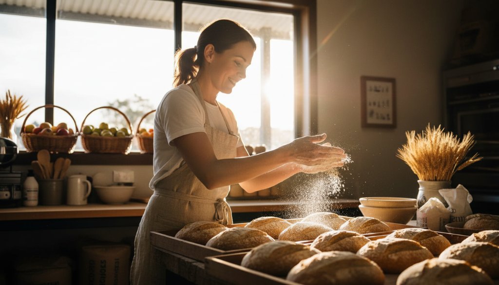Dynamic wide shot showcasing the impact of tailored commercial photography in Shepparton for a local artisan, with dramatic natural light highlighting their craft in a bustling market setting.