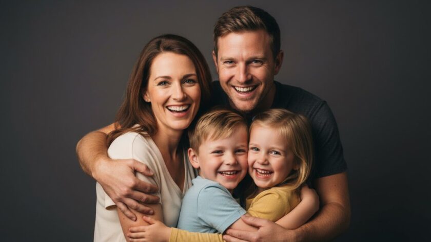 A stunning, professionally colour-graded cinematic photograph showcasing a heartwarming family portrait session in a modern studio. The family, radiating joy, is captured in an 'epic moment' of connection, illuminated by dramatic, soft studio lighting. This image represents tailored studio photography Benalla Victoria, emphasizing genuine emotions.