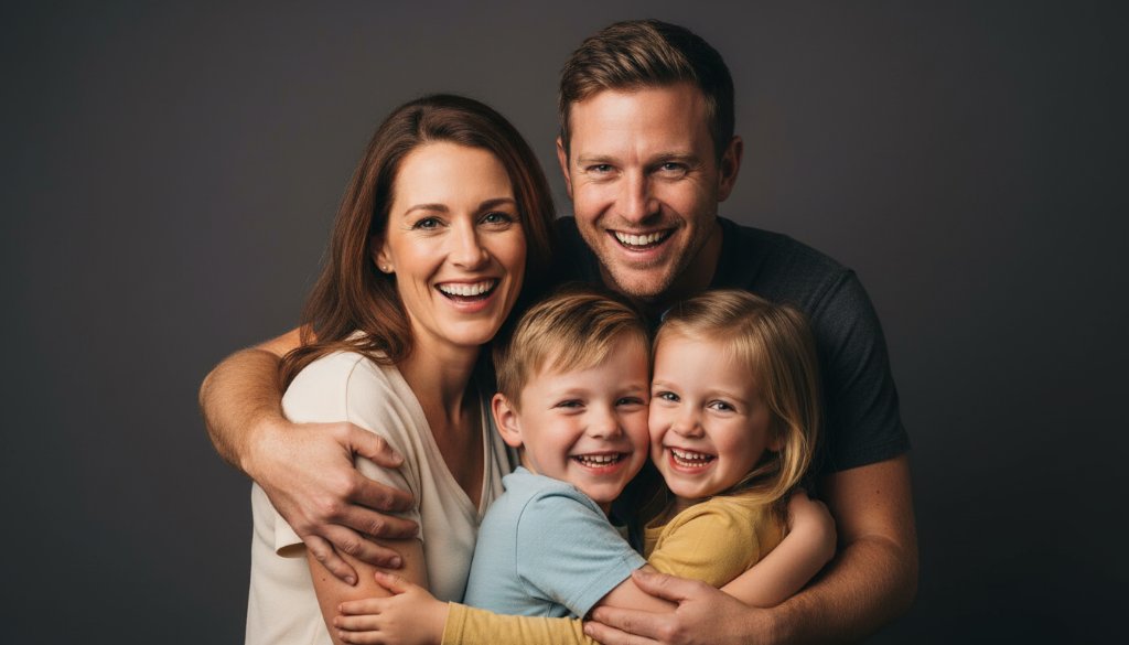 A stunning, professionally colour-graded cinematic photograph showcasing a heartwarming family portrait session in a modern studio. The family, radiating joy, is captured in an 'epic moment' of connection, illuminated by dramatic, soft studio lighting. This image represents tailored studio photography Benalla Victoria, emphasizing genuine emotions.