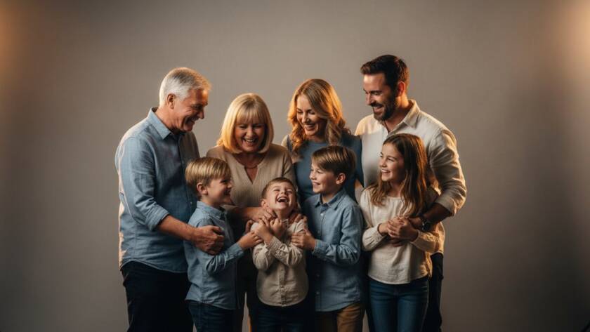 An emotionally resonant, epic moment captured during a tailored studio photography experience in Warrandyte South, featuring a family laughing joyfully under dramatic, warm studio lighting, their faces full of genuine connection and happiness, professionally colour graded.