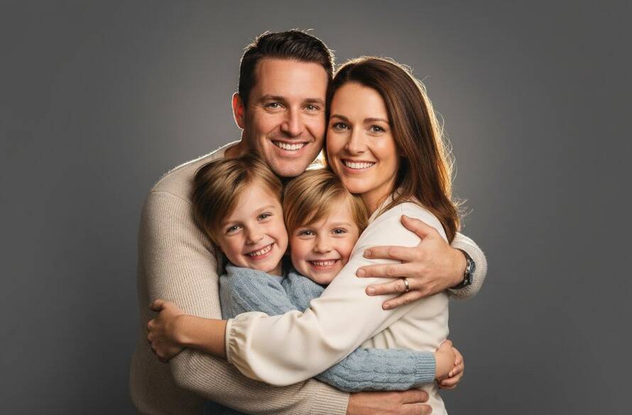 Epic moment captured: A laughing Koo Wee Rup family, parents embracing their two young children, bathed in dramatic golden studio light, showcasing the joy of tailored studio portrait photography Koo Wee Rup families cherish. The scene is professionally lit, vibrant, and emotionally resonant.