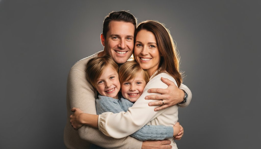 Epic moment captured: A laughing Koo Wee Rup family, parents embracing their two young children, bathed in dramatic golden studio light, showcasing the joy of tailored studio portrait photography Koo Wee Rup families cherish. The scene is professionally lit, vibrant, and emotionally resonant.