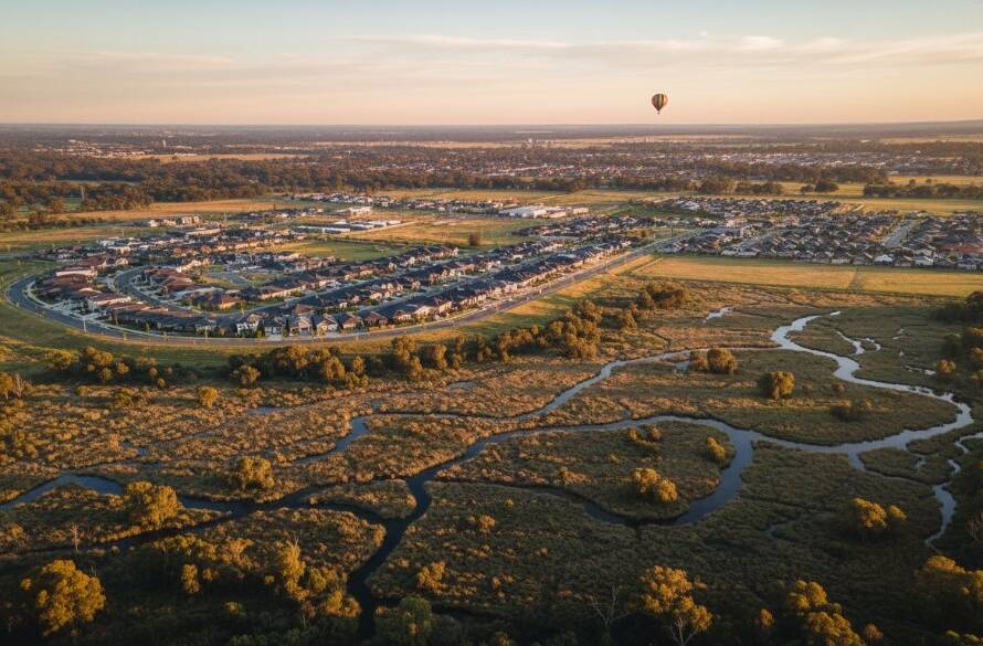A wide, dramatic Tarneit drone photography breathtaking aerial views shot, showcasing a vibrant sunset over the newly developed Tarneit gardens with modern homes below, highlighting the expansive urban landscape meeting natural beauty, captured with cinematic flair.