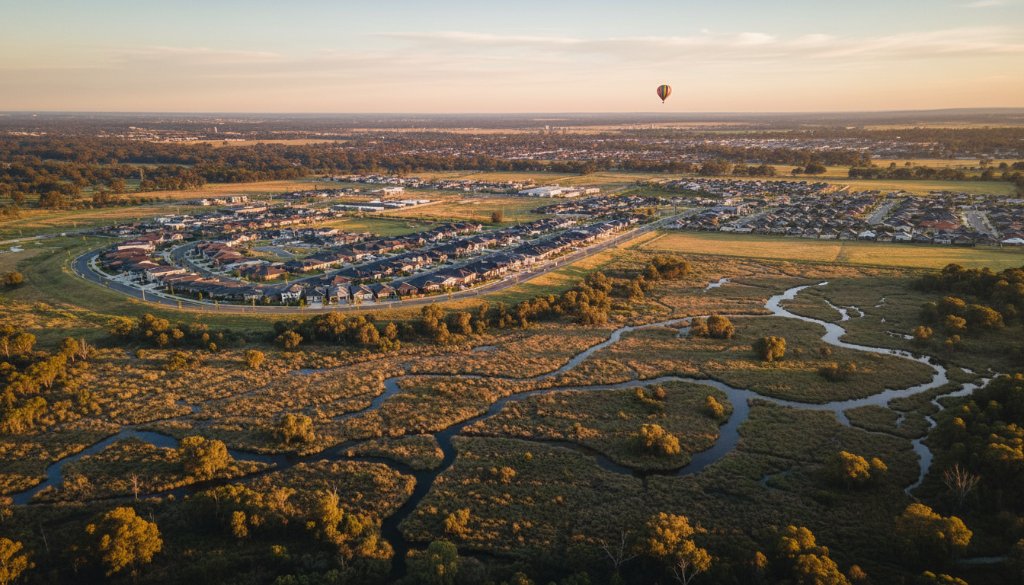 A wide, dramatic Tarneit drone photography breathtaking aerial views shot, showcasing a vibrant sunset over the newly developed Tarneit gardens with modern homes below, highlighting the expansive urban landscape meeting natural beauty, captured with cinematic flair.
