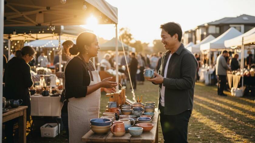 An epic moment captured through Tarneit editorial photography for local businesses in Victoria, showing a vibrant community event with a local entrepreneur interacting passionately with customers, bathed in golden hour light, celebrating their brand's impact.
