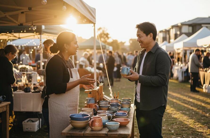 An epic moment captured through Tarneit editorial photography for local businesses in Victoria, showing a vibrant community event with a local entrepreneur interacting passionately with customers, bathed in golden hour light, celebrating their brand's impact.