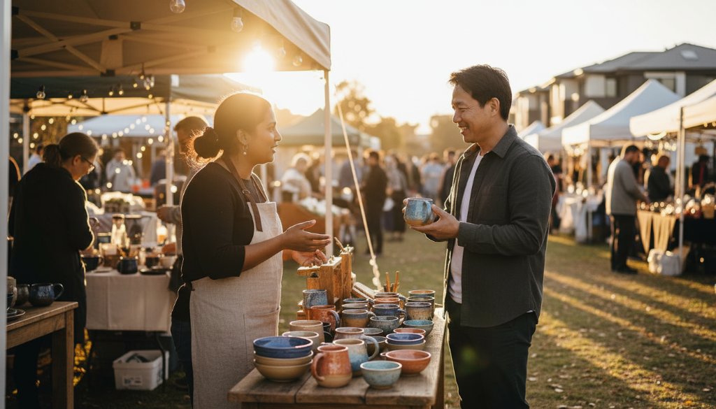 An epic moment captured through Tarneit editorial photography for local businesses in Victoria, showing a vibrant community event with a local entrepreneur interacting passionately with customers, bathed in golden hour light, celebrating their brand's impact.