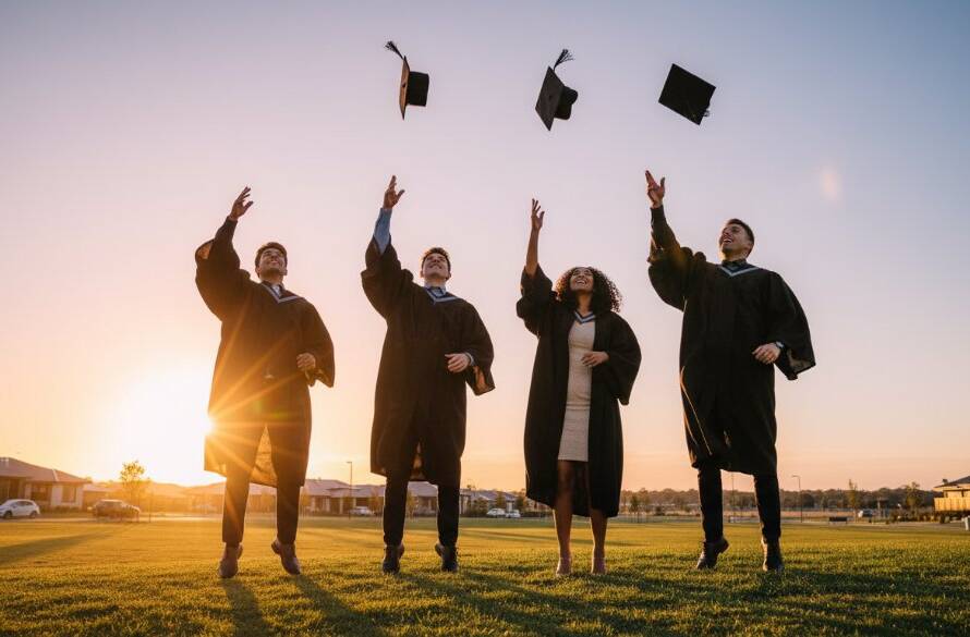 A jubilant group of diverse university graduates in Tarneit, Victoria, performing a synchronous Tarneit graduation photography joyful cap toss against a vibrant sunset sky, celebrating their achievement with pure exhilaration. Dramatic lighting captures their joyful expressions and flying caps, with a modern Tarneit park backdrop.