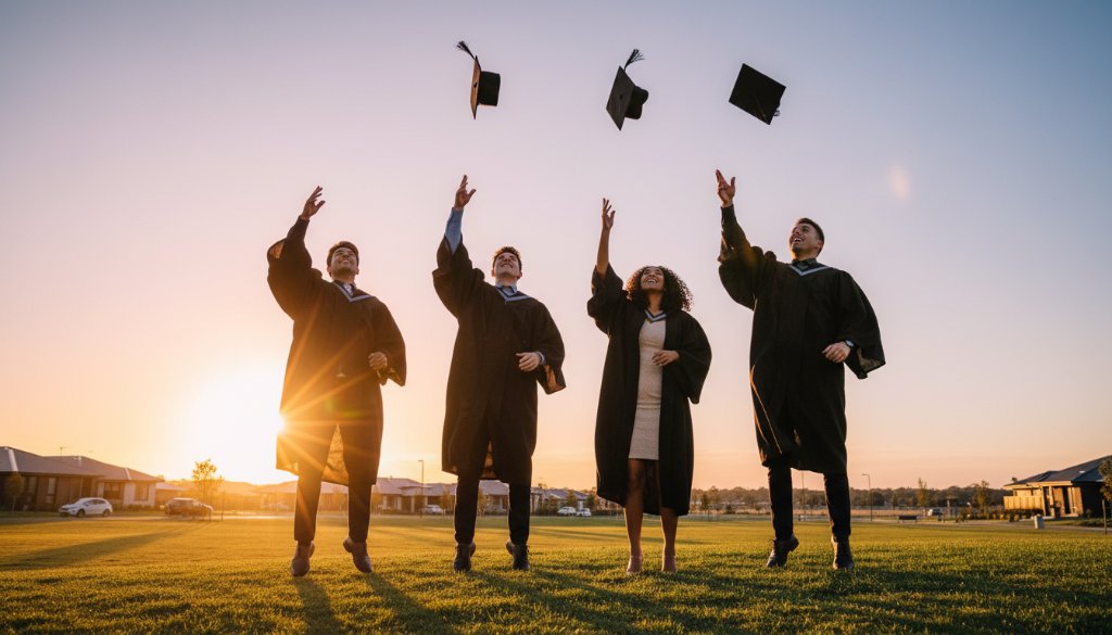 A jubilant group of diverse university graduates in Tarneit, Victoria, performing a synchronous Tarneit graduation photography joyful cap toss against a vibrant sunset sky, celebrating their achievement with pure exhilaration. Dramatic lighting captures their joyful expressions and flying caps, with a modern Tarneit park backdrop.