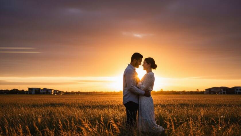 A stunning, cinematic 'epic moment' photograph of a newly engaged couple embracing tenderly during Tarneit intimate sunset engagement photography, with dramatic golden hour light silhouetting them against a beautiful, expansive open field in Tarneit, Victoria, showcasing their deep connection and joyful anticipation.