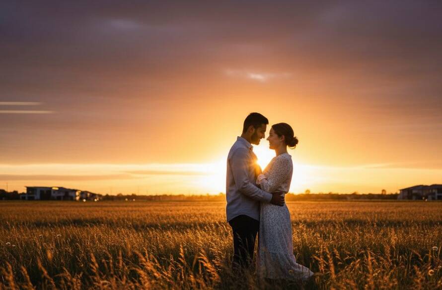 A stunning, cinematic 'epic moment' photograph of a newly engaged couple embracing tenderly during Tarneit intimate sunset engagement photography, with dramatic golden hour light silhouetting them against a beautiful, expansive open field in Tarneit, Victoria, showcasing their deep connection and joyful anticipation.