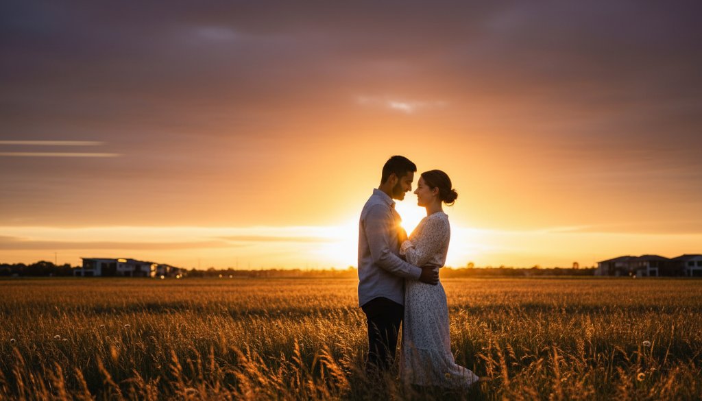 A stunning, cinematic 'epic moment' photograph of a newly engaged couple embracing tenderly during Tarneit intimate sunset engagement photography, with dramatic golden hour light silhouetting them against a beautiful, expansive open field in Tarneit, Victoria, showcasing their deep connection and joyful anticipation.