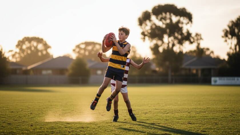 Dynamic action shot of a young athlete scoring a goal on a Tarneit sports field, capturing Tarneit junior sports photography epic moments with dramatic lighting and professional colour grading.