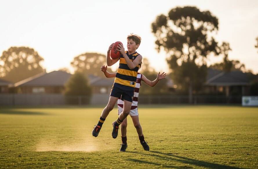 Dynamic action shot of a young athlete scoring a goal on a Tarneit sports field, capturing Tarneit junior sports photography epic moments with dramatic lighting and professional colour grading.