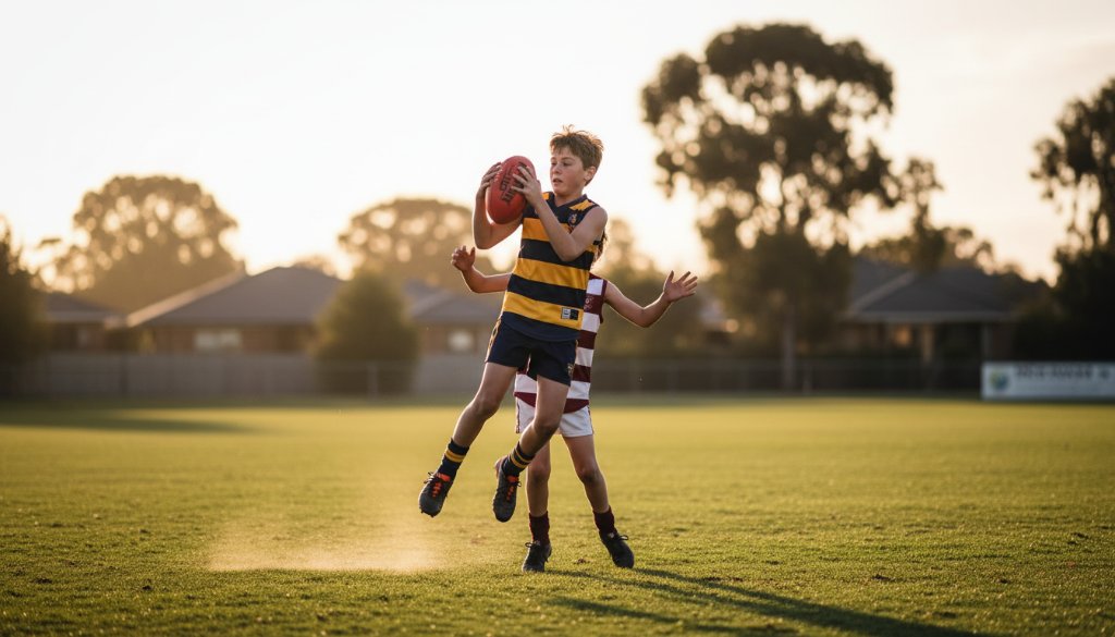 Dynamic action shot of a young athlete scoring a goal on a Tarneit sports field, capturing Tarneit junior sports photography epic moments with dramatic lighting and professional colour grading.
