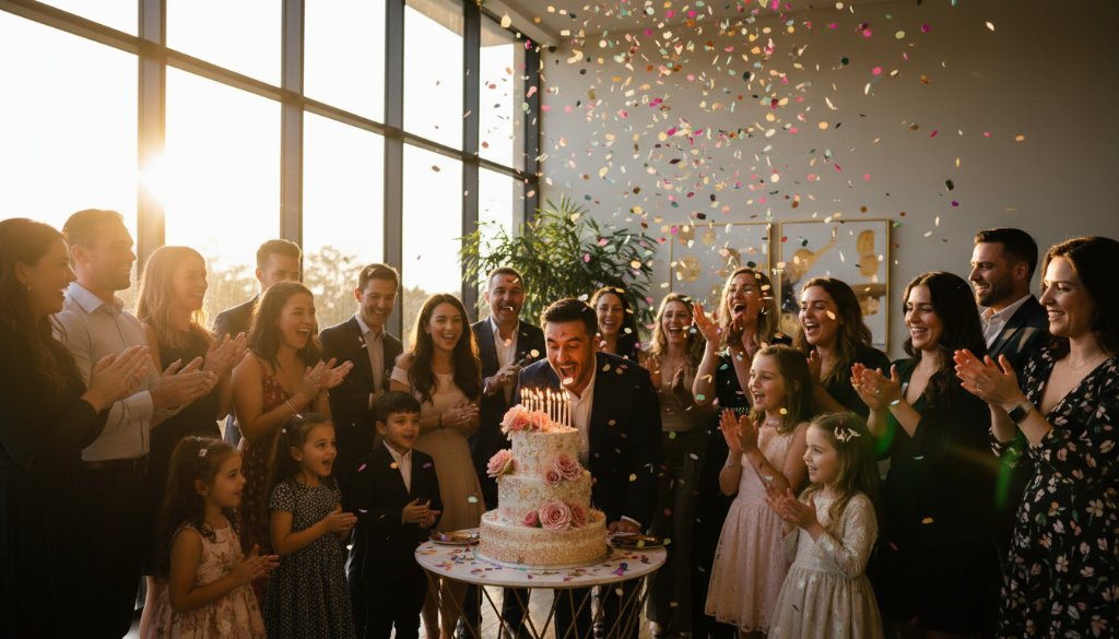Professional Tarneit party photography capturing genuine joy: A candid, wide-angle shot of a group of diverse guests erupting in laughter and cheering, confetti falling around them in a beautifully decorated Tarneit community hall. The lighting is warm and dynamic, highlighting the joyous expressions and celebratory atmosphere.