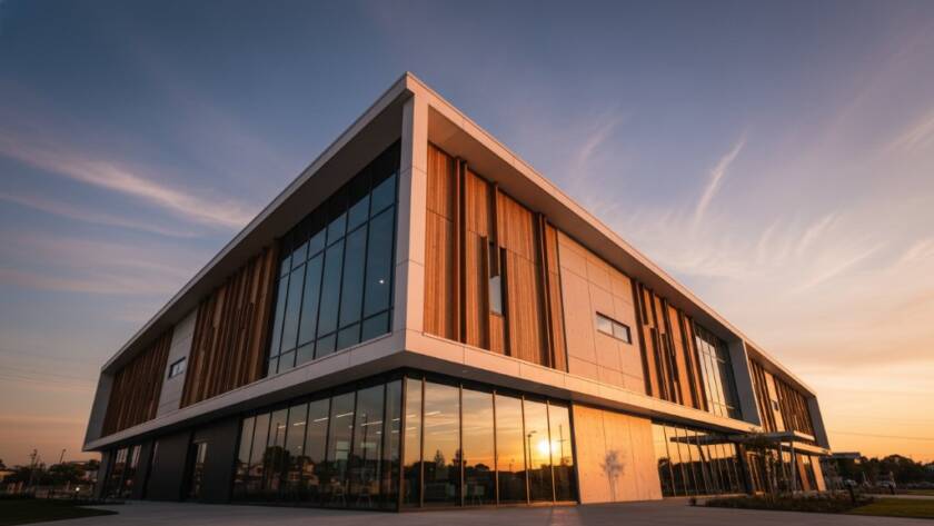A dynamic, wide-angle shot capturing the striking modern lines of a newly built community centre in Tarneit, Victoria, bathed in the warm glow of a golden hour sunset, showcasing expert Tarneit Victoria modern architectural photography with a dramatic sky and a sense of inviting grandeur.
