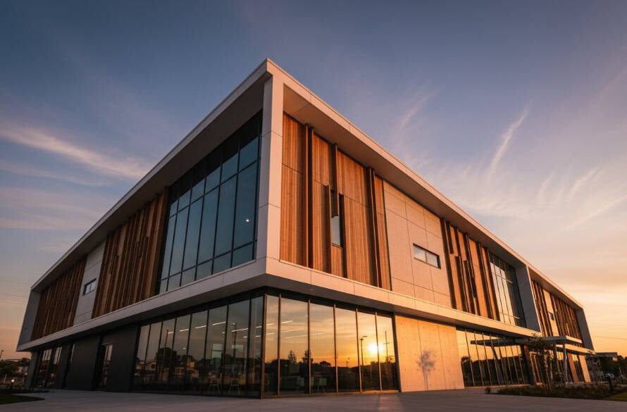 A dynamic, wide-angle shot capturing the striking modern lines of a newly built community centre in Tarneit, Victoria, bathed in the warm glow of a golden hour sunset, showcasing expert Tarneit Victoria modern architectural photography with a dramatic sky and a sense of inviting grandeur.
