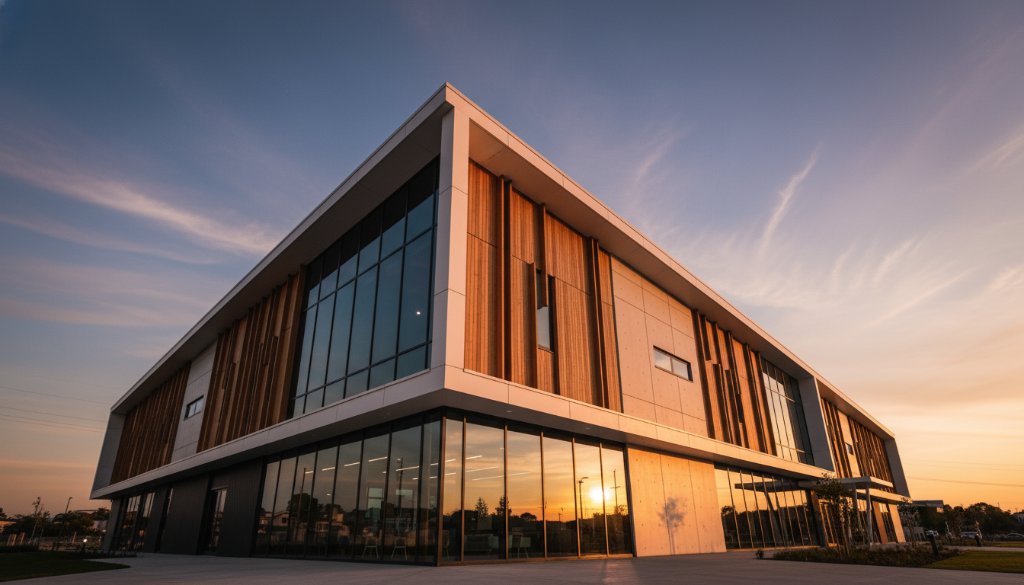 A dynamic, wide-angle shot capturing the striking modern lines of a newly built community centre in Tarneit, Victoria, bathed in the warm glow of a golden hour sunset, showcasing expert Tarneit Victoria modern architectural photography with a dramatic sky and a sense of inviting grandeur.