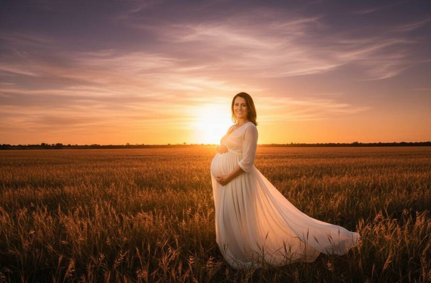 An expectant mother, silhouetted gracefully against a vibrant Tarneit Victorian sunset, her belly gently cradled, captured during an epic Tarneit Victorian sunset maternity photoshoot, with golden light illuminating the scene from behind, professional and cinematic.