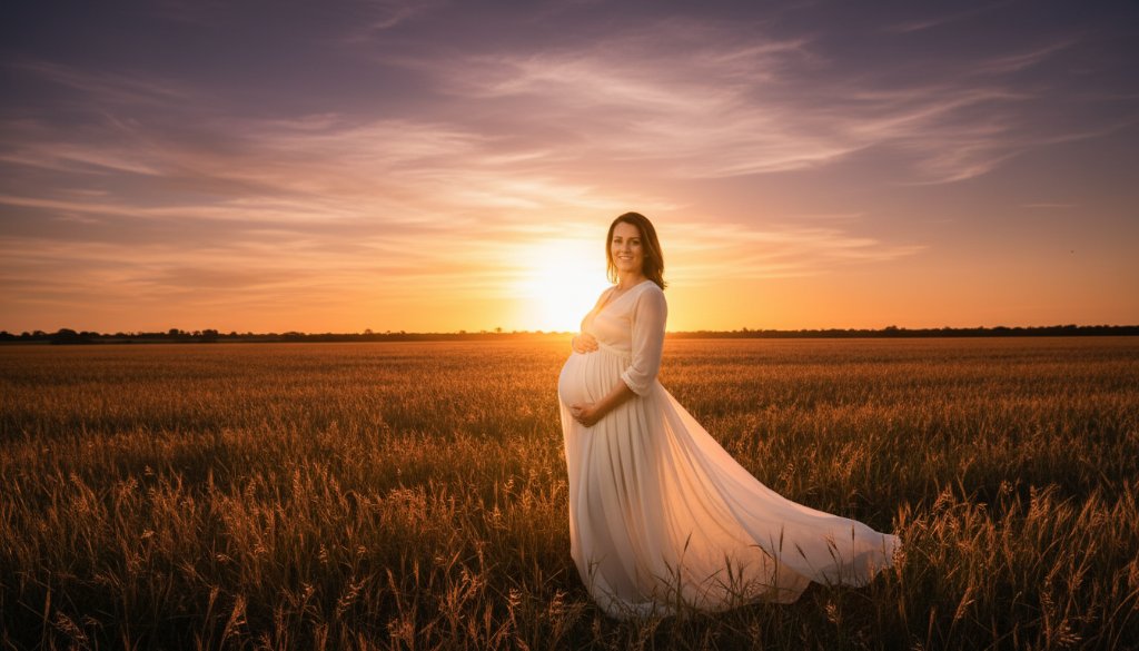 An expectant mother, silhouetted gracefully against a vibrant Tarneit Victorian sunset, her belly gently cradled, captured during an epic Tarneit Victorian sunset maternity photoshoot, with golden light illuminating the scene from behind, professional and cinematic.