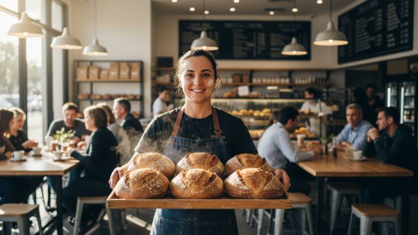 Dramatic, professional photograph showing a vibrant local cafe owner in Taylors Hill proudly presenting a freshly brewed coffee to a customer, with the cafe's modern interior and happy patrons in the softly blurred background, showcasing exceptional Taylors Hill commercial photography for growing businesses.