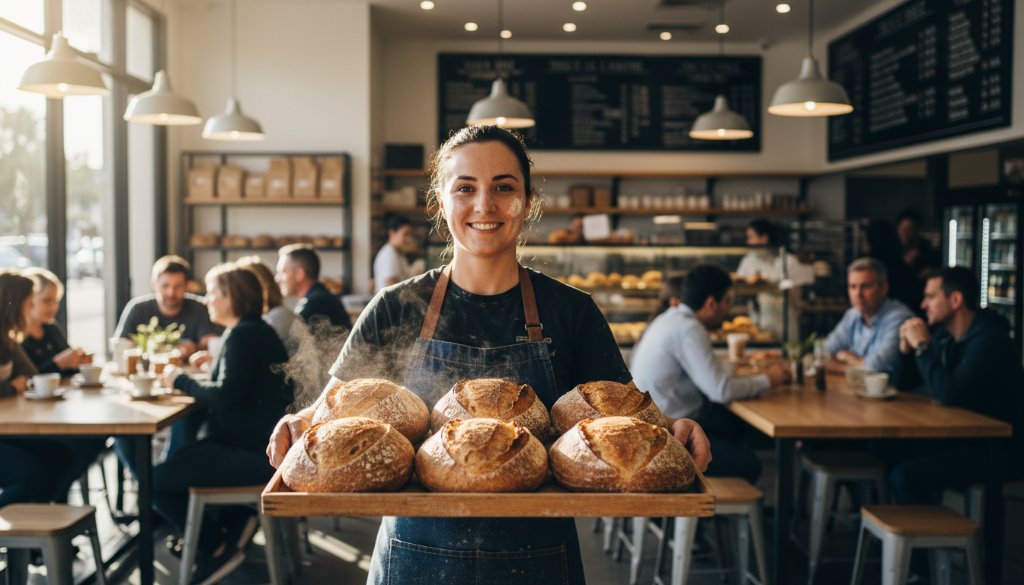 Dramatic, professional photograph showing a vibrant local cafe owner in Taylors Hill proudly presenting a freshly brewed coffee to a customer, with the cafe's modern interior and happy patrons in the softly blurred background, showcasing exceptional Taylors Hill commercial photography for growing businesses.