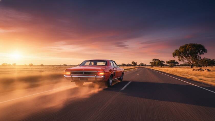 A dramatic wide-angle shot of a meticulously restored vintage muscle car, gleaming under the golden hour sun, parked on a quiet, tree-lined street in Taylors Hill, capturing an epic moment for a Taylors Hill custom car photoshoot. The car's polished chrome reflects the warm light, with subtle dust motes dancing in the air, conveying a sense of timeless power and elegance.