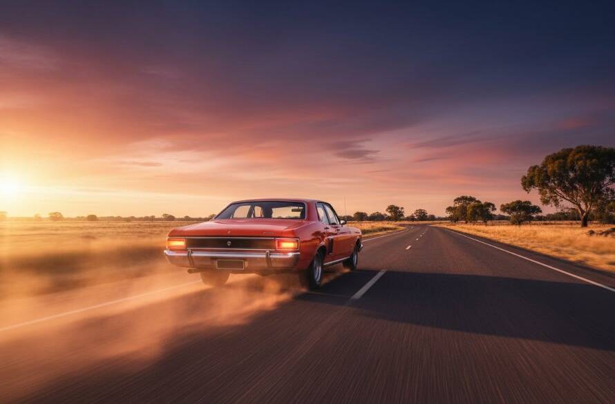 A dramatic wide-angle shot of a meticulously restored vintage muscle car, gleaming under the golden hour sun, parked on a quiet, tree-lined street in Taylors Hill, capturing an epic moment for a Taylors Hill custom car photoshoot. The car's polished chrome reflects the warm light, with subtle dust motes dancing in the air, conveying a sense of timeless power and elegance.