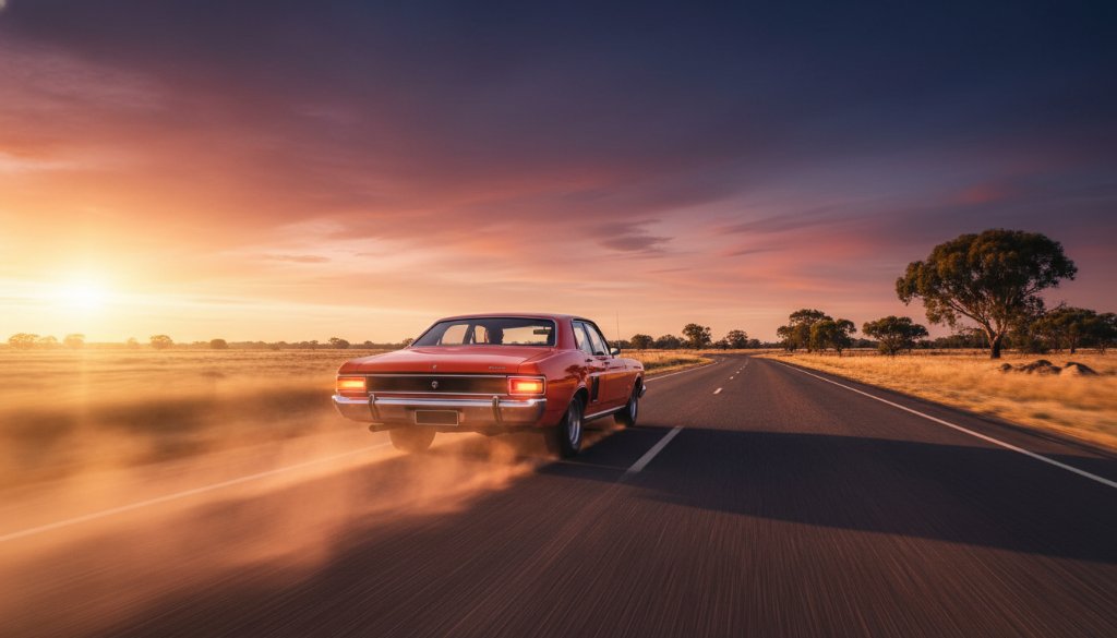 A dramatic wide-angle shot of a meticulously restored vintage muscle car, gleaming under the golden hour sun, parked on a quiet, tree-lined street in Taylors Hill, capturing an epic moment for a Taylors Hill custom car photoshoot. The car's polished chrome reflects the warm light, with subtle dust motes dancing in the air, conveying a sense of timeless power and elegance.