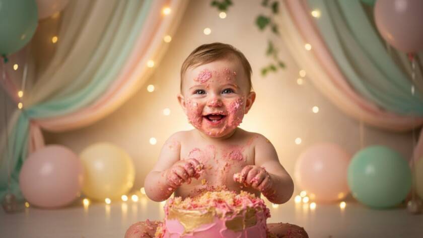 An epic moment captured in Taylors Hill first birthday cake smash photography Melbourne, showing a joyous baby covered in colourful cake, laughing amidst a beautifully decorated whimsical backdrop, with dramatic soft lighting highlighting their expression.