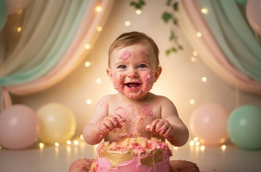 An epic moment captured in Taylors Hill first birthday cake smash photography Melbourne, showing a joyous baby covered in colourful cake, laughing amidst a beautifully decorated whimsical backdrop, with dramatic soft lighting highlighting their expression.